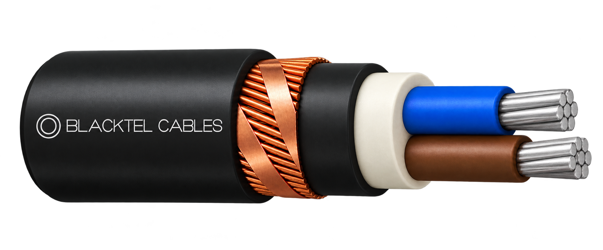 BLACKTEL CABLES cable illustration showing its outer sheath, copper shielding and two insulated conductors